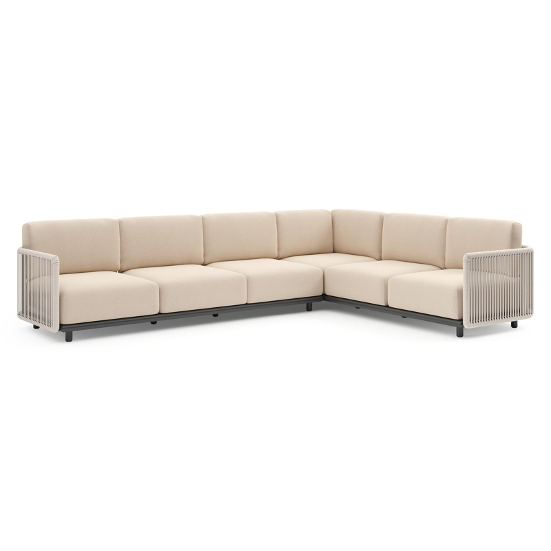 Organo loungehoek in zwart aluminium en beige verticaal geweven luxe vlakke rope met heritage papyrus all weather sunbrella® luxe kussens