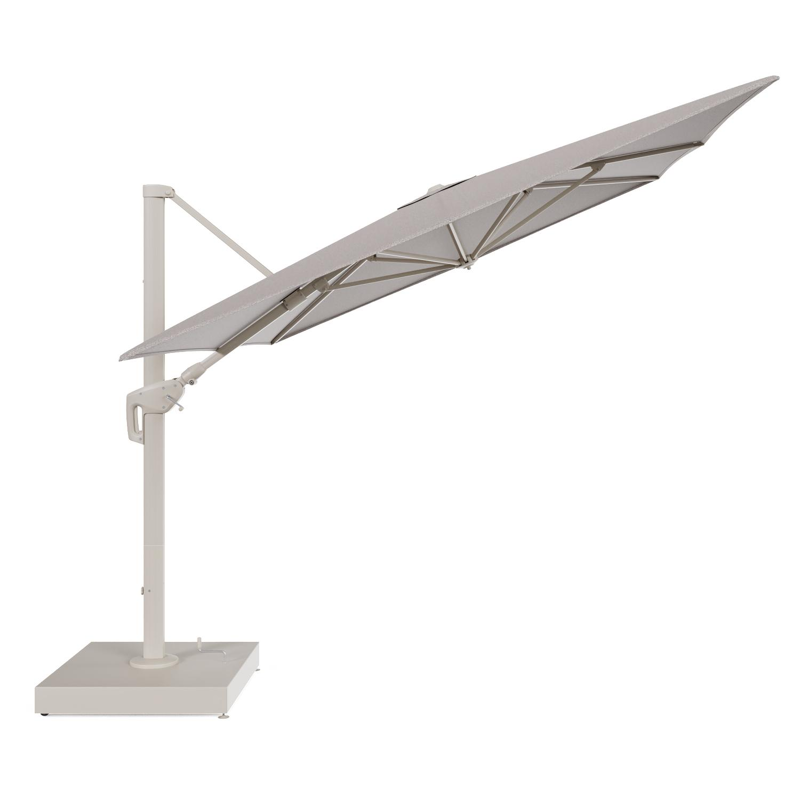 Minore zweefparasol met tiltfunctie in beige aluminium en Wander Granite All Weather Sunbrella® Luxe parasoldoek - L1 400 x L2 300 cm met parasolvoet Minore 260 kg met wielen