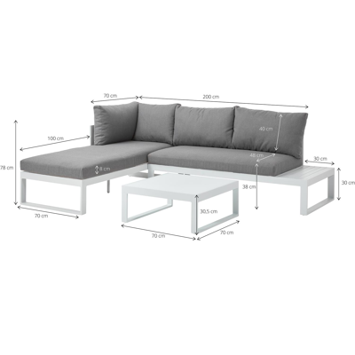 Caldela loungehoek in wit aluminium met grijs polyester kussens en loungetafel