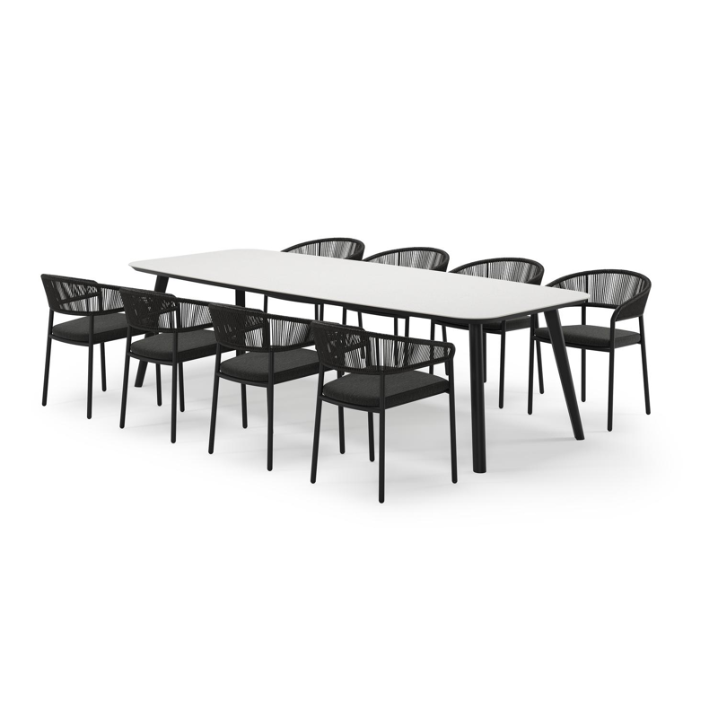 Mosa tuinset in zwart aluminium en sintered stone Topo minerale met 8 Zamora tuinstoelen