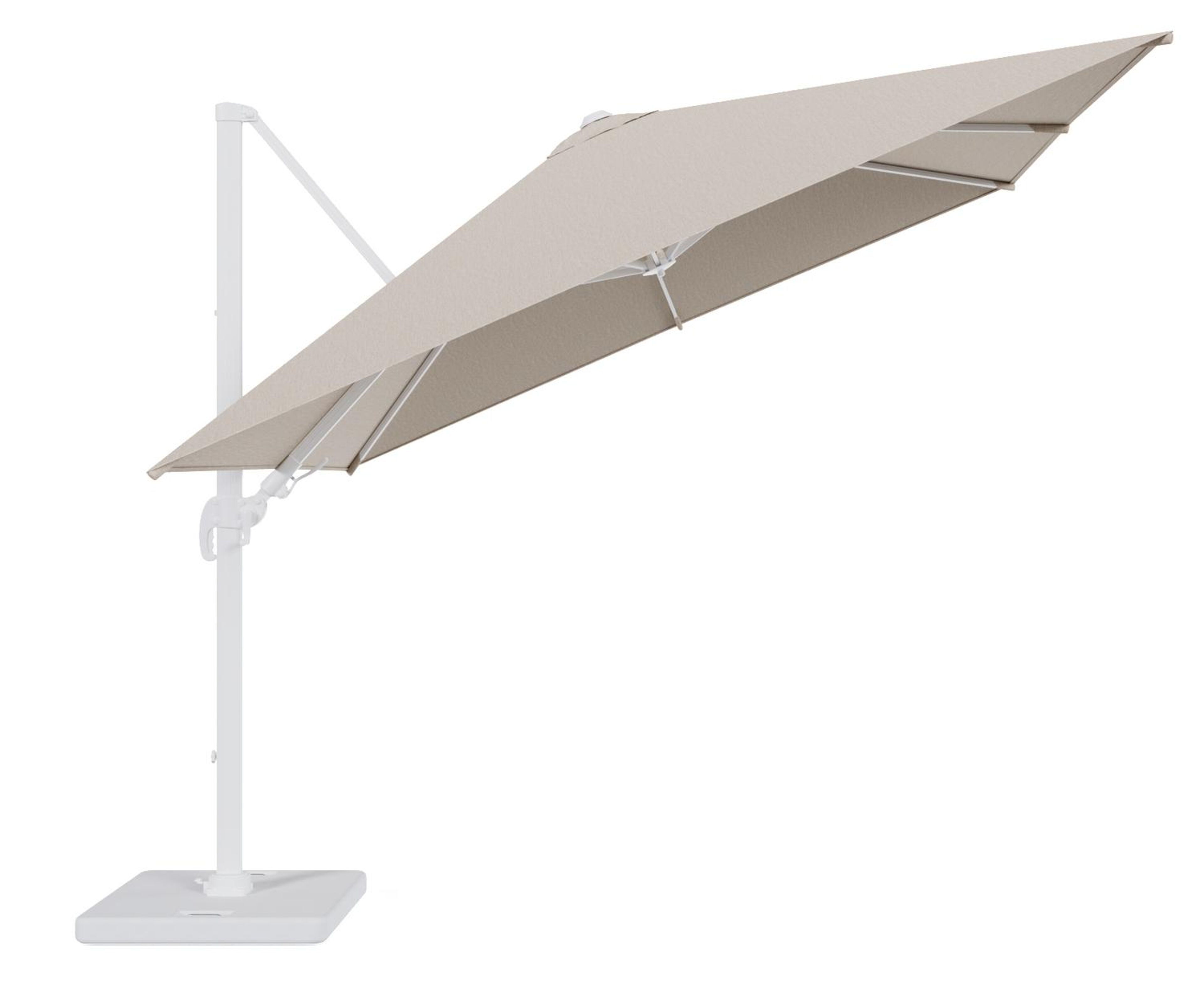 Avola zweefparasol met tiltfunctie in wit aluminium en natural Weather+ Softtouch parasoldoek - L1 300 x L2 300 cm met parasolvoet Pedito 120 kg