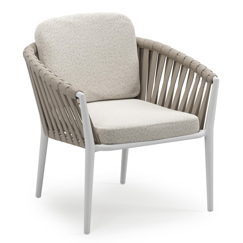 Orso low dining tuinstoel in wit aluminium en beige verticaal geweven luxe vlakke brede rope met stoelkussen in All Weather Solica Firenze Natural