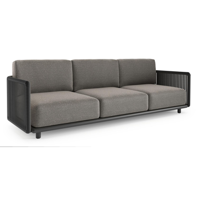 Canapé de jardin Organo en aluminium noir et corde luxe plate tissée verticalement noir et coussin en all weather Sunbrella® luxe chartres drizzle