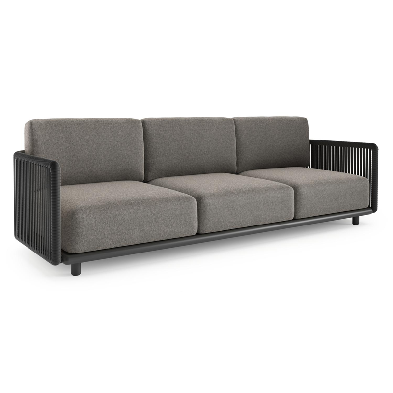 Canapé de jardin Organo en aluminium noir et corde luxe plate tissée verticalement noir et coussin en all weather Sunbrella® luxe chartres drizzle