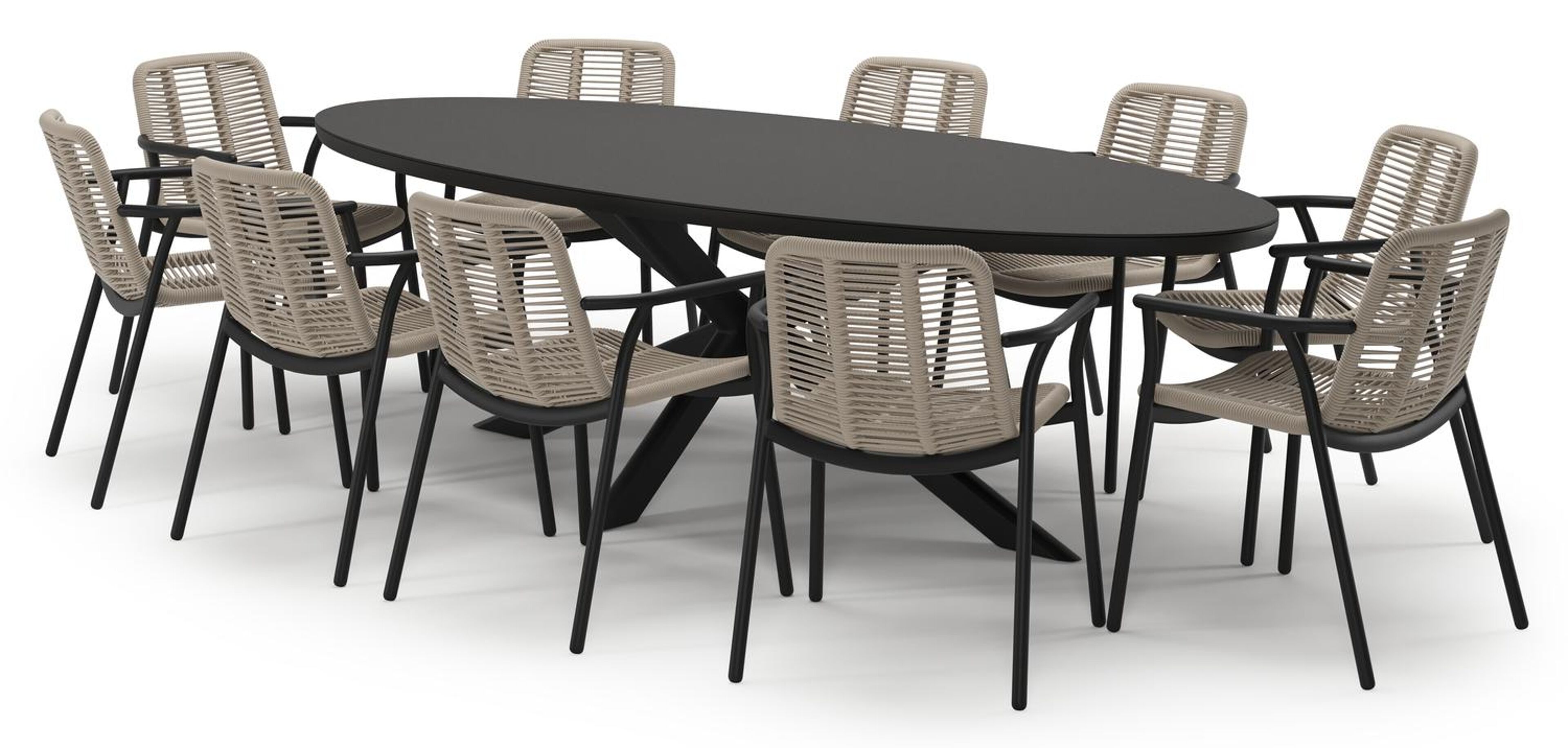 Pamplona tuinset in zwart aluminium en notte minerale sintered stone met 10 stapelbare Berga tuinstoelen