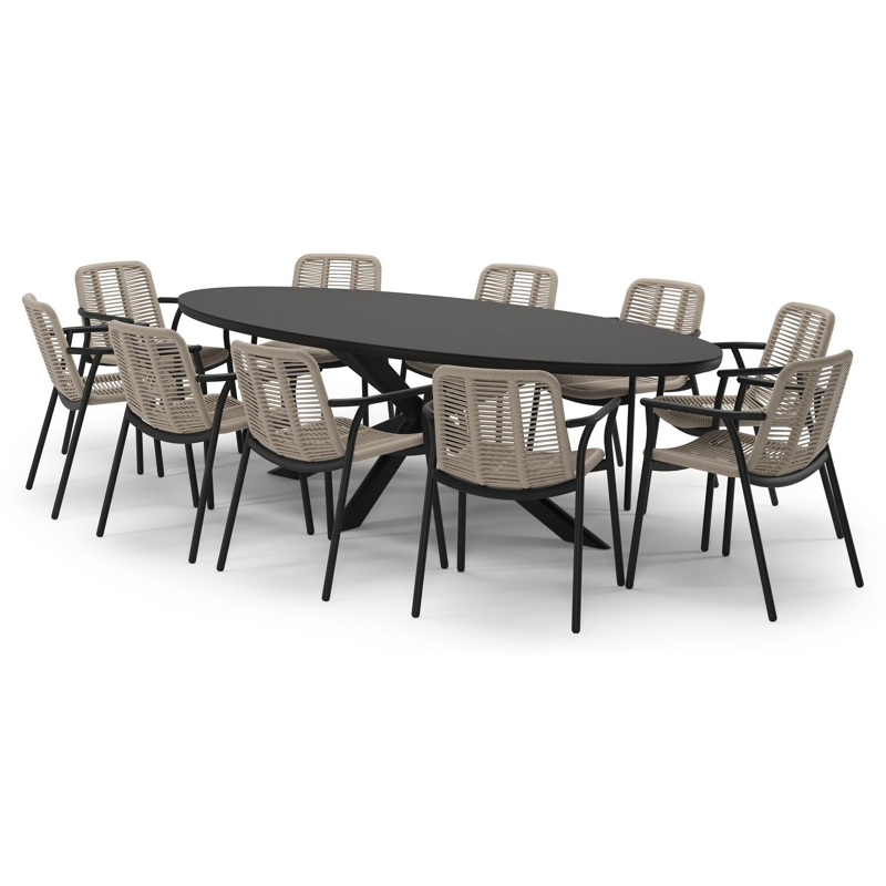 Pamplona tuinset in zwart aluminium en notte minerale sintered stone met 10 stapelbare Berga tuinstoelen