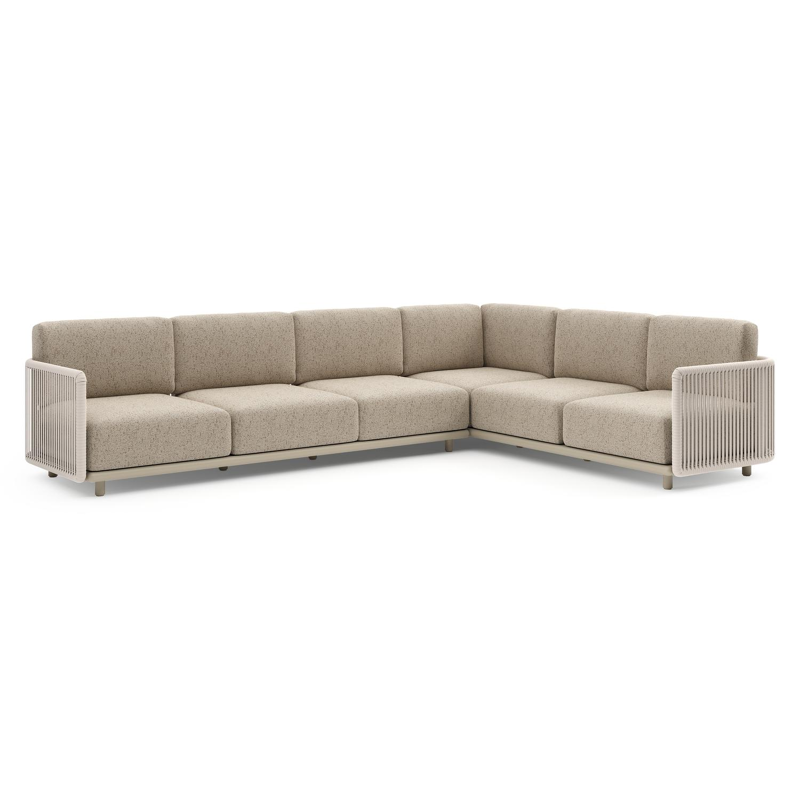 Organo loungehoek in beige aluminium en beige verticaal geweven luxe vlakke rope met bora jungle all weather Cosytica kussen