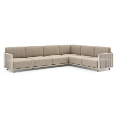 Organo loungehoek in beige aluminium en beige verticaal geweven luxe vlakke rope met bora jungle all weather Cosytica kussen