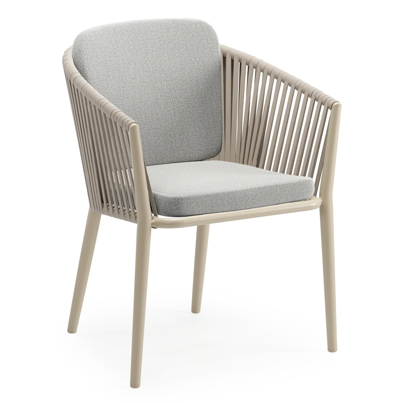 Chaise de jardin Orso en aluminium beige et corde plate tissée verticalement beige avec coussin en All Weather Sunbrella® Luxe Savane Nimbus