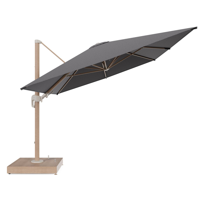 Rufina zweefparasol met tiltfunctie in houtlook aluminium en Firenze Tunder All Weather Solica parasoldoek - L1 400 x L2 300 cm met parasolvoet Minore 260 kg met wielen