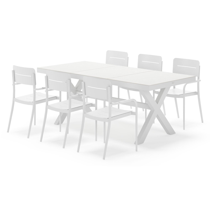 Bahia tuinset rechthoekig in wit aluminium en sintered stone grijs met 6 Salto tuinstoelen