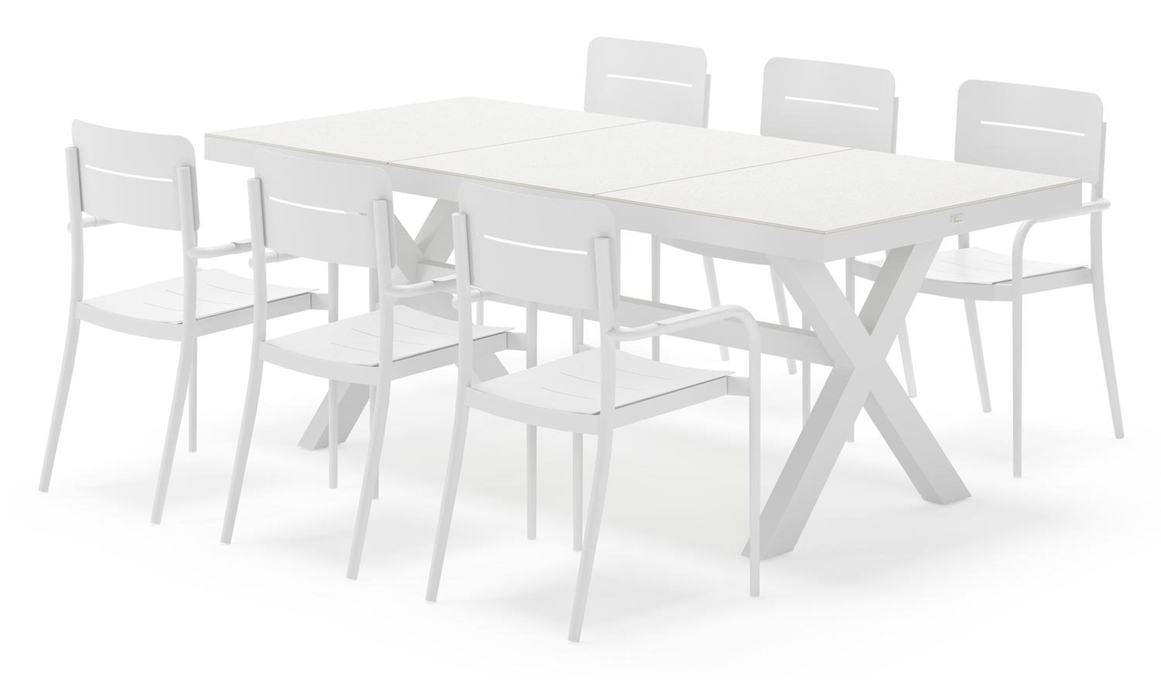 Bahia tuinset rechthoekig in wit aluminium en sintered stone grijs met 6 Salto tuinstoelen