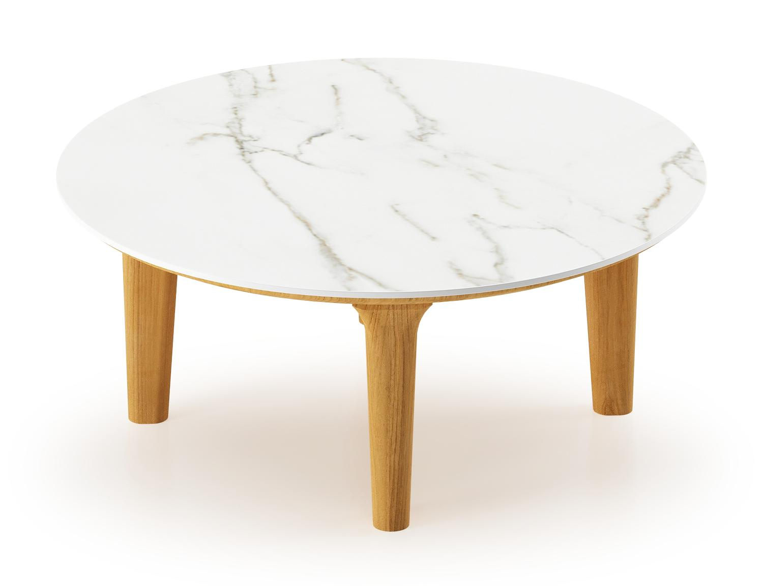 Bomero loungetafel rond in teak en volkeramiek Calacatta - Dia. 85 x H 25 cm