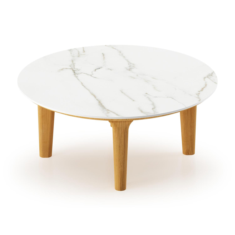 Bomero loungetafel rond in teak en volkeramiek Calacatta - Dia. 85 x H 25 cm