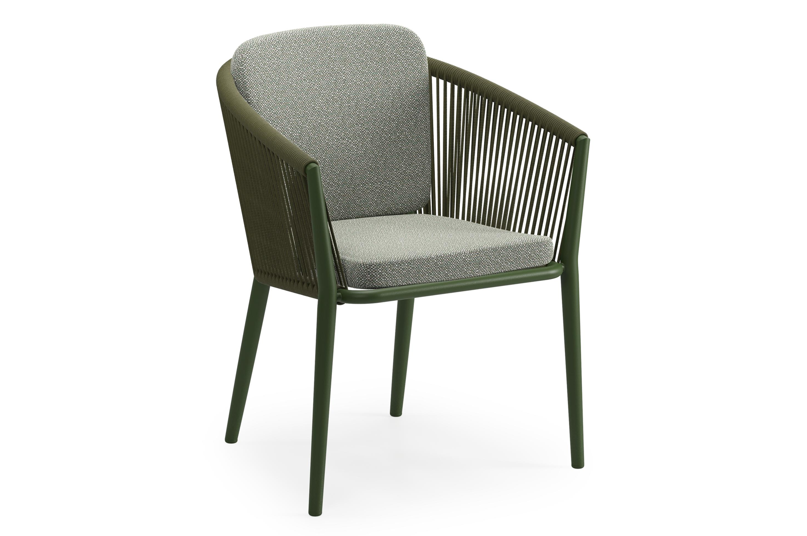 Orso tuinstoel in groen aluminium en groen verticaal geweven ronde rope met zitkussen in All Weather Sunbrella® Luxe Savane Leaf