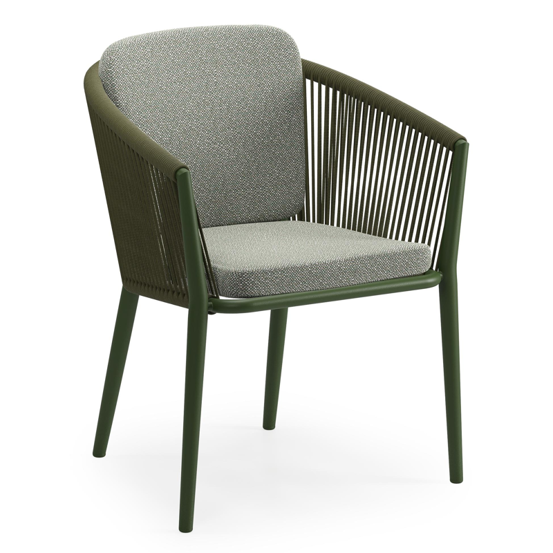 Orso tuinstoel in groen aluminium en groen verticaal geweven ronde rope met zitkussen in All Weather Sunbrella® Luxe Savane Leaf