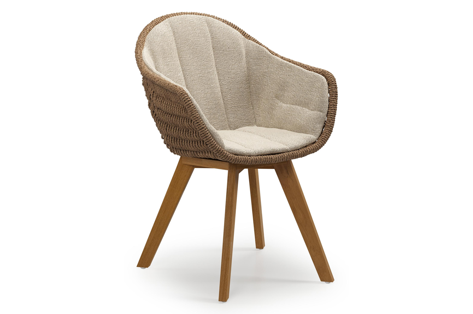 Chaise de jardin Pagino en teck naturel et résine tressée ronde brun avec coussin en All Weather Cosytica Marbella Sand