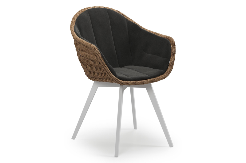 Pagino tuinstoel in wit aluminium en bruin ronde wicker met zitkussen in All Weather Sunbrella® Luxe Natte Sooty