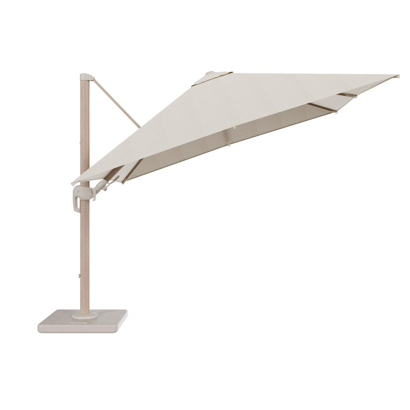 Rufina zweefparasol met tiltfunctie in aluminium houtlook en Sunbrella Premium beige - L1 300 x L2 300 cm met parasolvoet met parasolvoet Lapido 120 kg