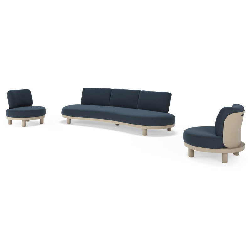 Donato loungeset in beige aluminium met All Weather Sunbrella® luxe Heritage Indigo kussen