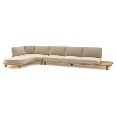 Donato loungehoek in teak en beige verticaal geweven ronde rope met all weather cosytica Althea Camel kussen