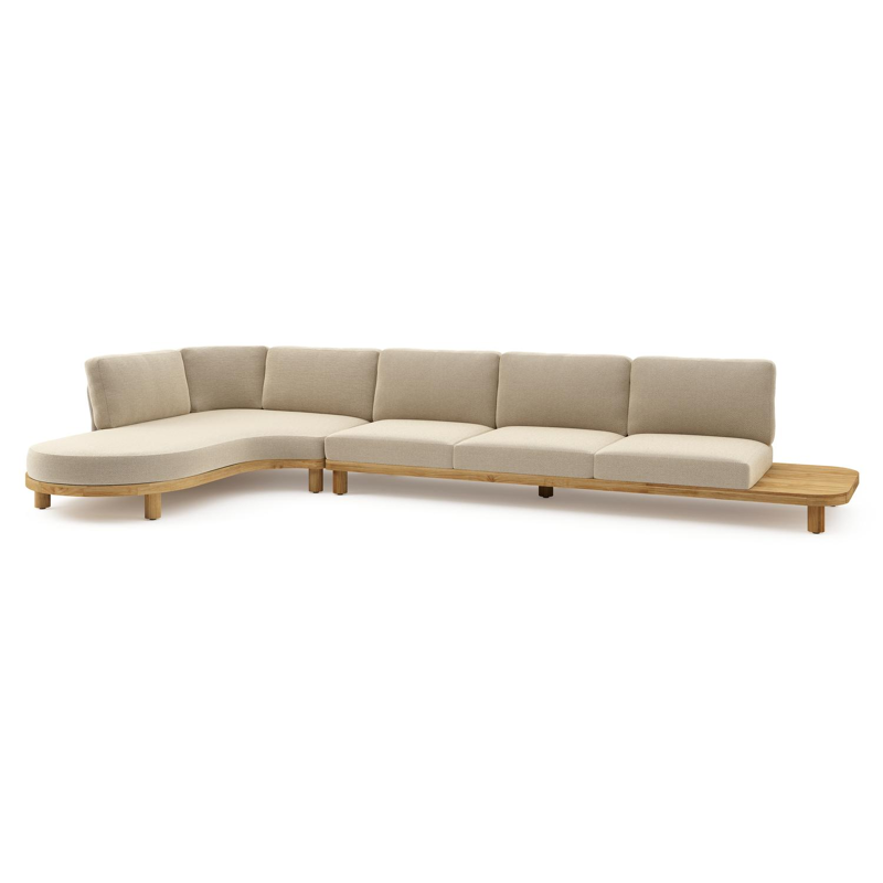 Donato loungehoek in teak en beige verticaal geweven ronde rope met all weather cosytica Althea Camel kussen