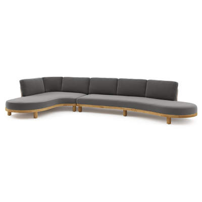 Donato loungehoek in teak en beige verticaal geweven ronde rope met all weather sunbrella® luxe Natte Charcoal Chine kussen