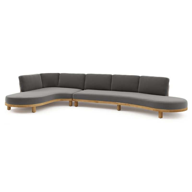 Donato loungehoek in teak en beige verticaal geweven ronde rope met all weather sunbrella® luxe Natte Charcoal Chine kussen