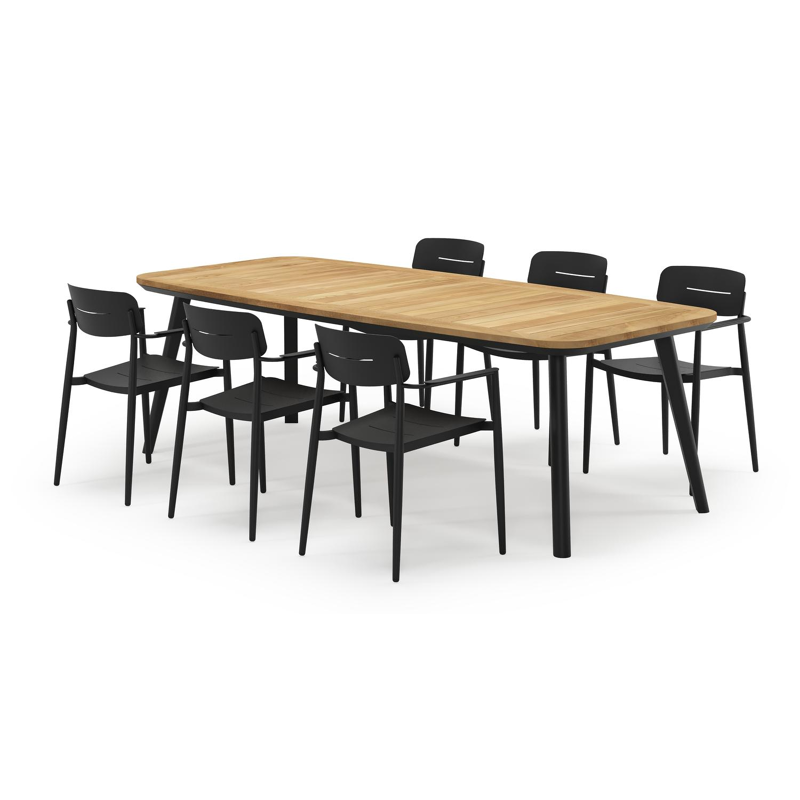 Mosa ensemble de jardin forme de bateau en aluminium noir en teck natural finish avec 6 chaises de jardin Cosa