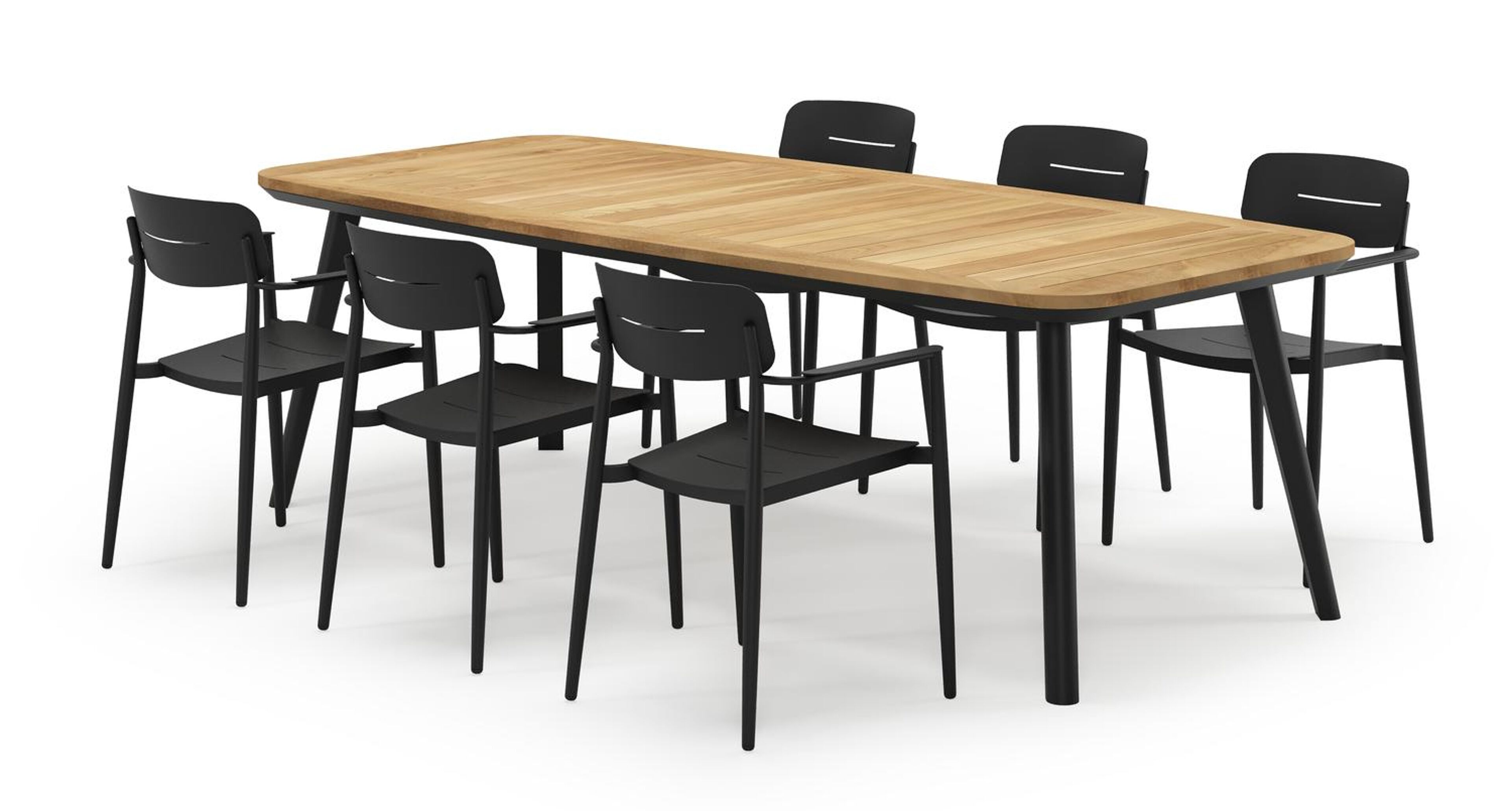 Mosa ensemble de jardin forme de bateau en aluminium noir en teck natural finish avec 6 chaises de jardin Cosa
