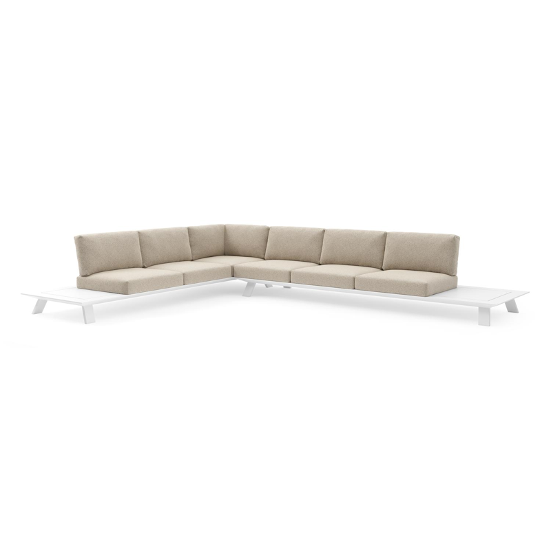 Salon de jardin d'angle Cesano en aluminium blanc et coussin en all weather Cosytica bora desert