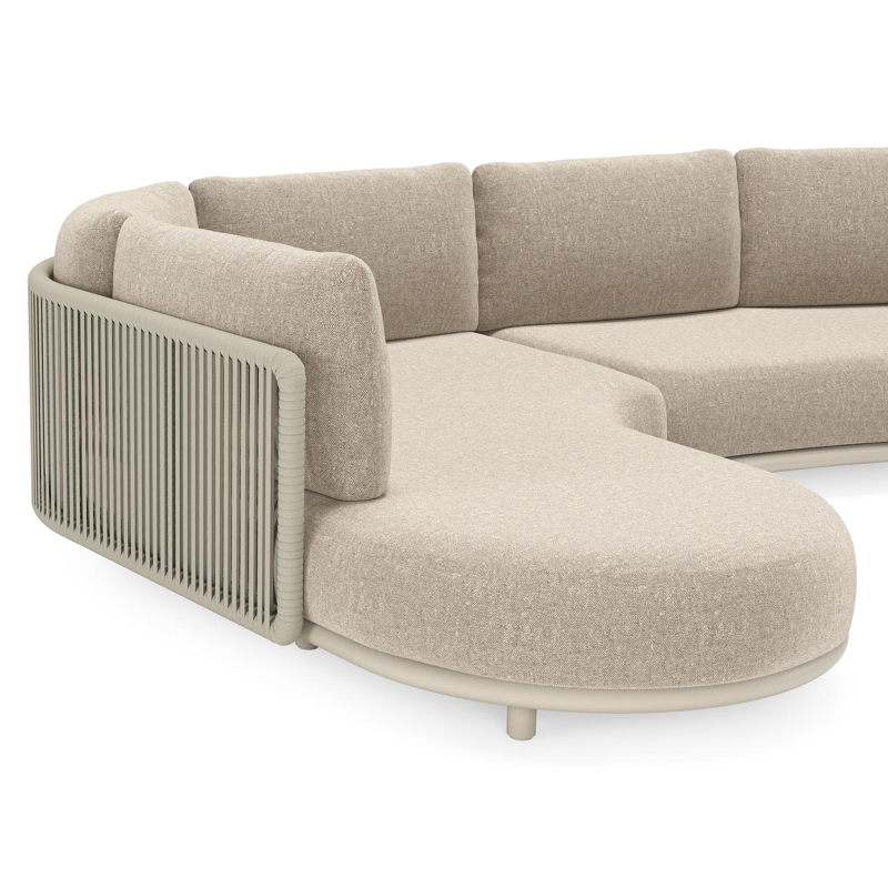 Lomano loungehoek in beige aluminium en beige verticaal geweven luxe vlakke rope met Chartres Pewter all weather sunbrellaÂ® luxe