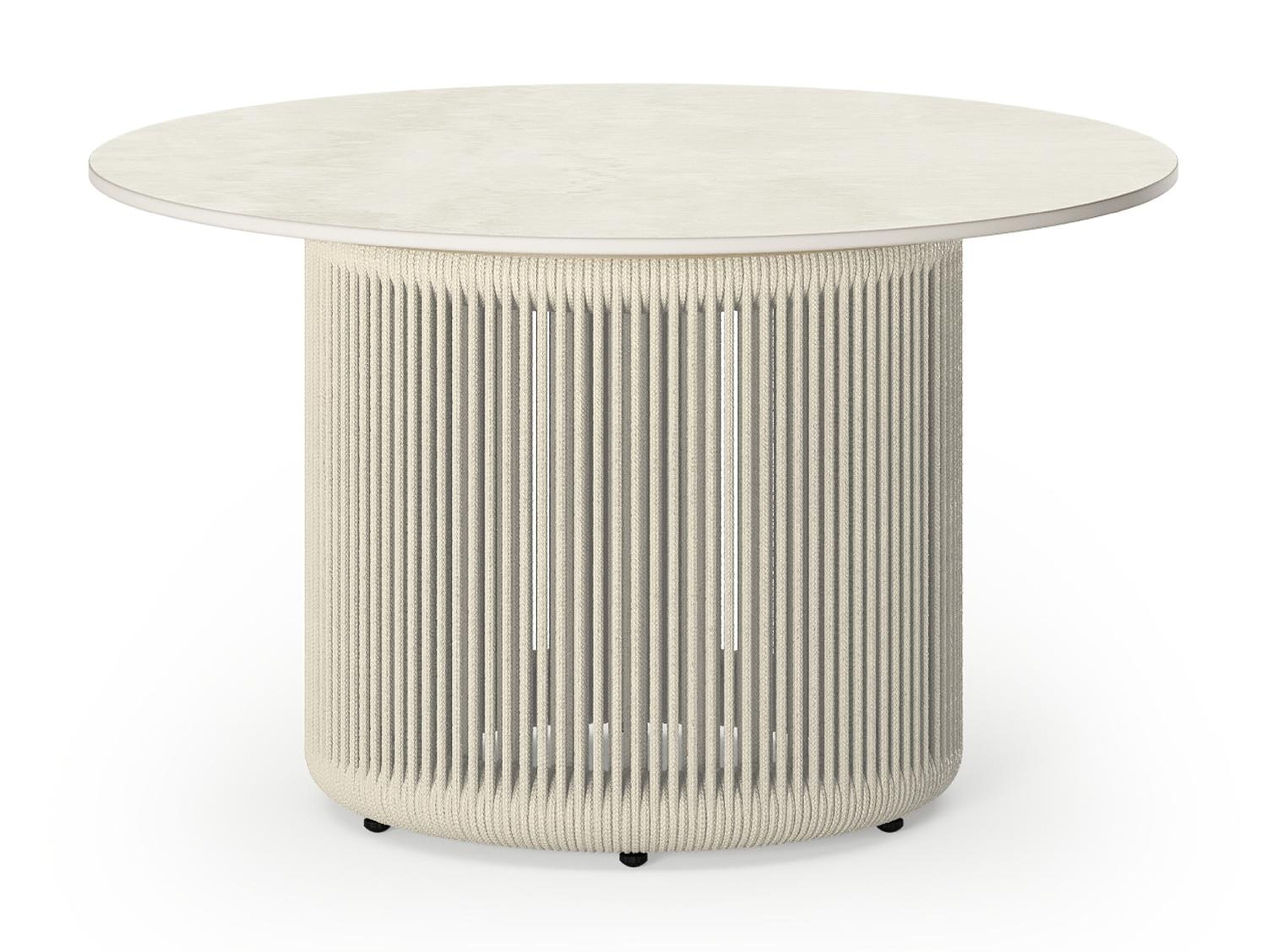 Erla loungetafel in beige aluminium en beige verticaal geweven ronde rope en beige sintered stone - Dia. 60 x H 35 cm