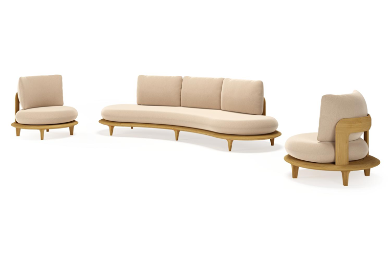 Bomero loungeset in teak met natte heather beige all weather sunbrella® luxe kussen