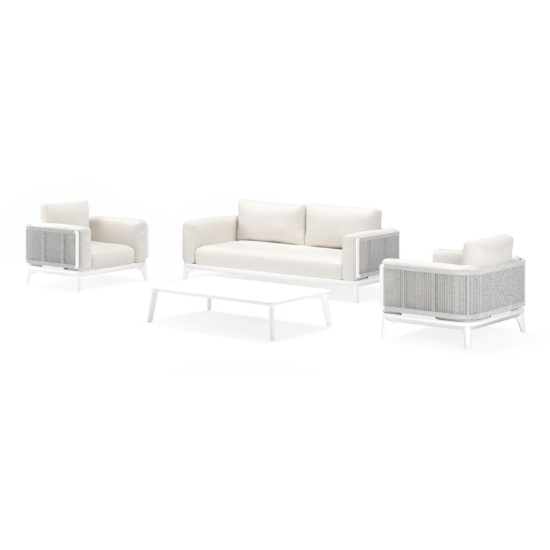 Mosa loungeset in wit aluminium en wit-grijs gedraaide ronde wicker met sand weather+ softtouch kussens en loungetafel