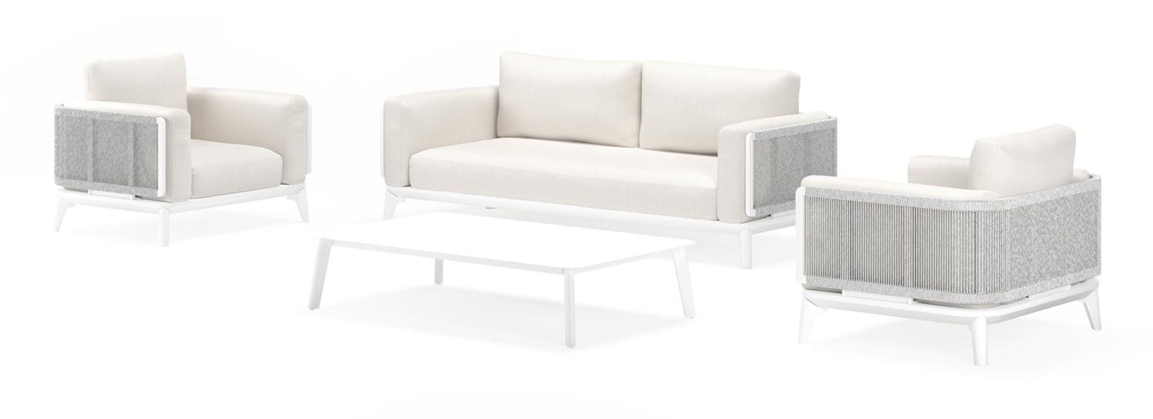 Mosa loungeset in wit aluminium en wit-grijs gedraaide ronde wicker met sand weather+ softtouch kussens en loungetafel