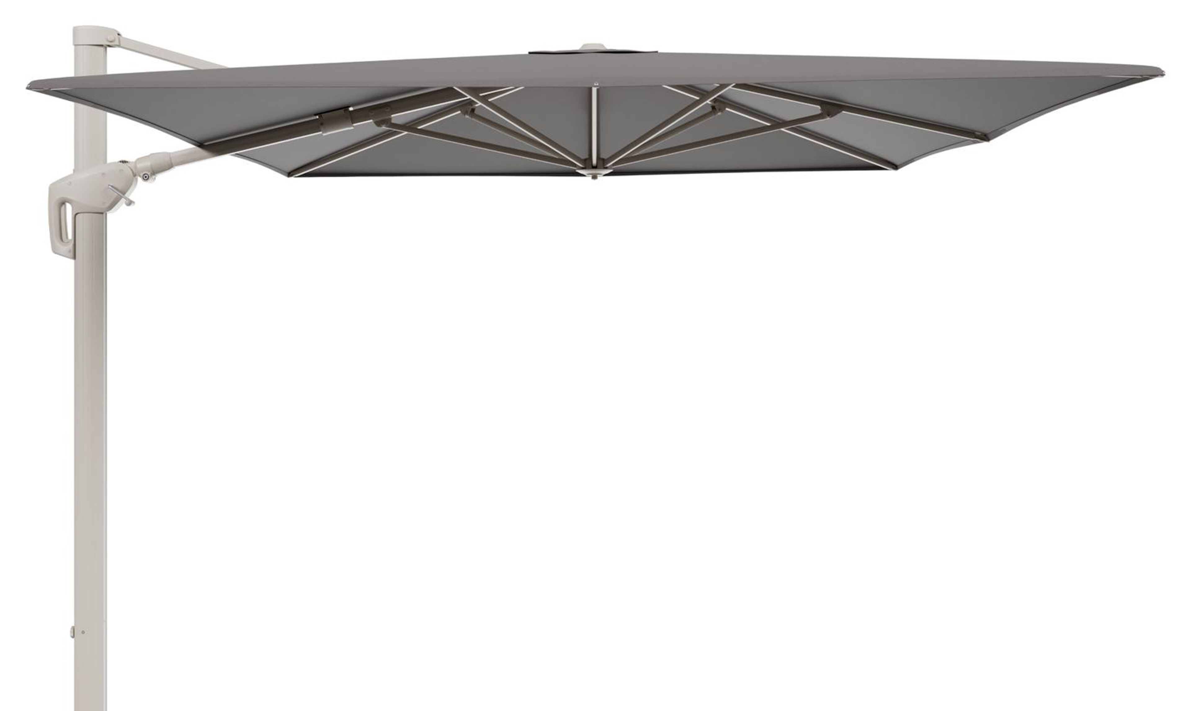 Minore zweefparasol met tiltfunctie in beige aluminium en Natte Nature Grey All Weather Sunbrella® Luxe parasoldoek - L1: 400 x L2: 300 cm (zonder voet)