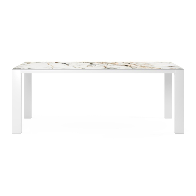 Table de jardin Nano en aluminium blanc et céramique pleine calacatta luxe - Lg 200 x Larg. 100 x H 76 cm